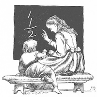 Drawing of a young woman teaching arithmetic to a child, sitting in front of a blackboard.