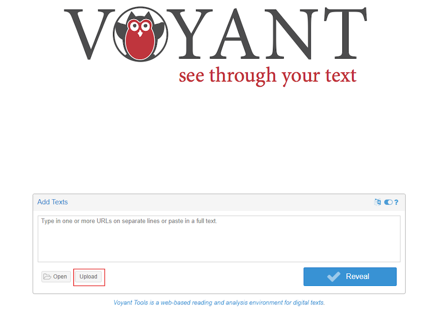 Voyant Tools interface showing the 'Upload' button highlighted. The file explorer window is open, allowing users to select multiple files for analysis by holding down the 'Shift' key.