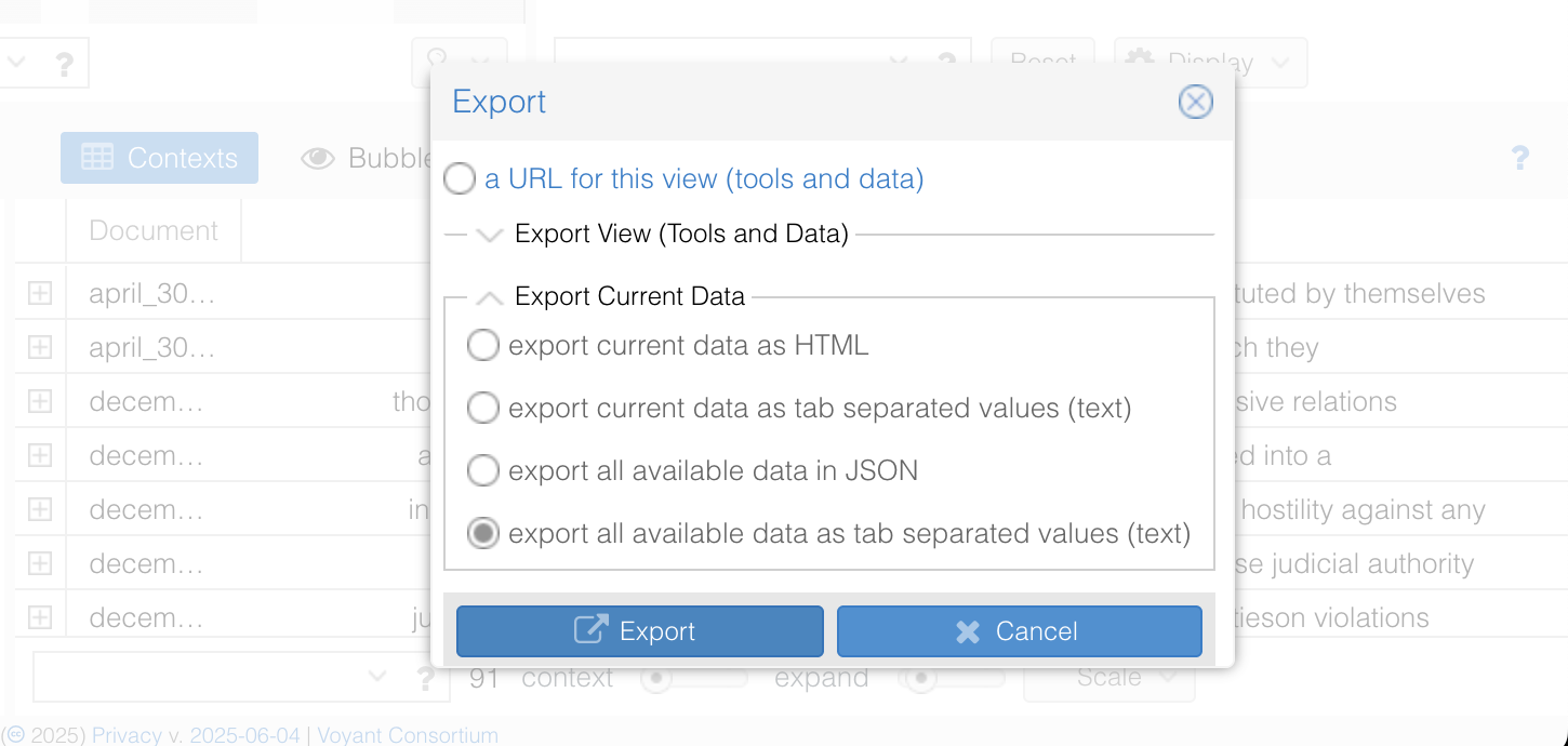 Voyant Tools interface demonstrating how to export concordance data. The export options are shown, with 'Export all available data as tab-separated values (text)' selected for comprehensive data output.