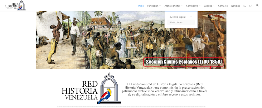 Página principal de la Red Historia Venezuela con menú de Archivo Digital abierto