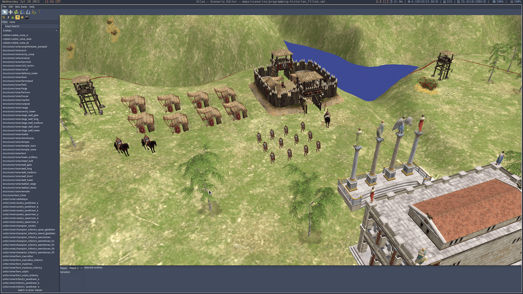 A zoomed-in view of the terrain showing Rome's starting position to the south of Mont Beuvray. I have placed a Castra, as well as a Civic Center, a few houses, a guard tower, and some starting infantryman and cavalrymen, found filtering Atlas's Object tab to show the units available for Rome.